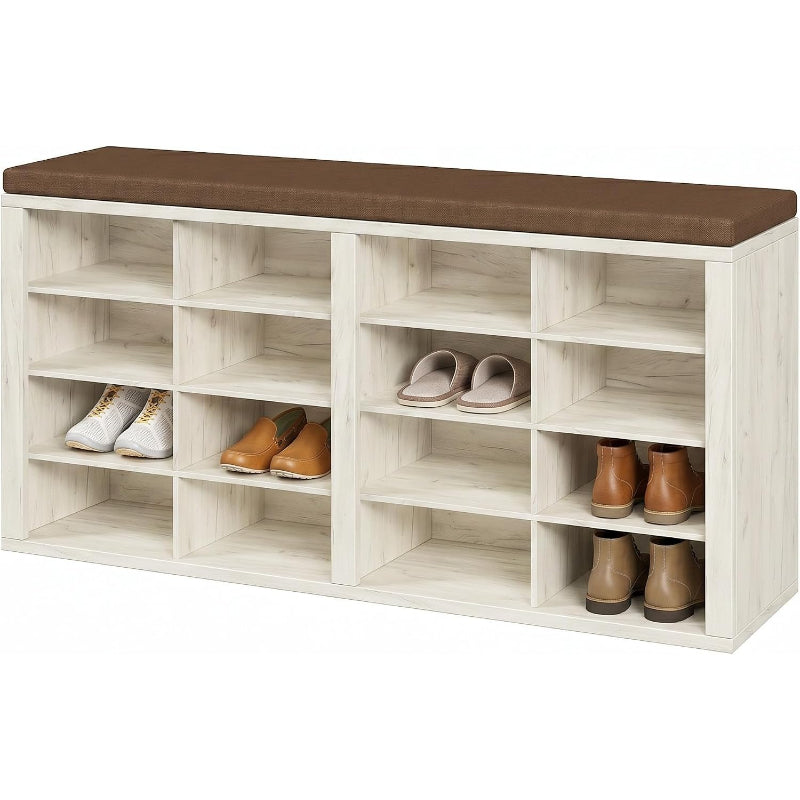 Cushioned 16-Cubby Shoe Bench