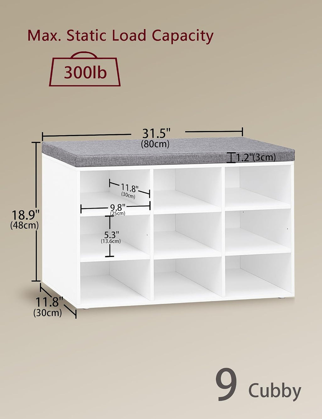 Cushioned 9-Cubby White Shoe Bench