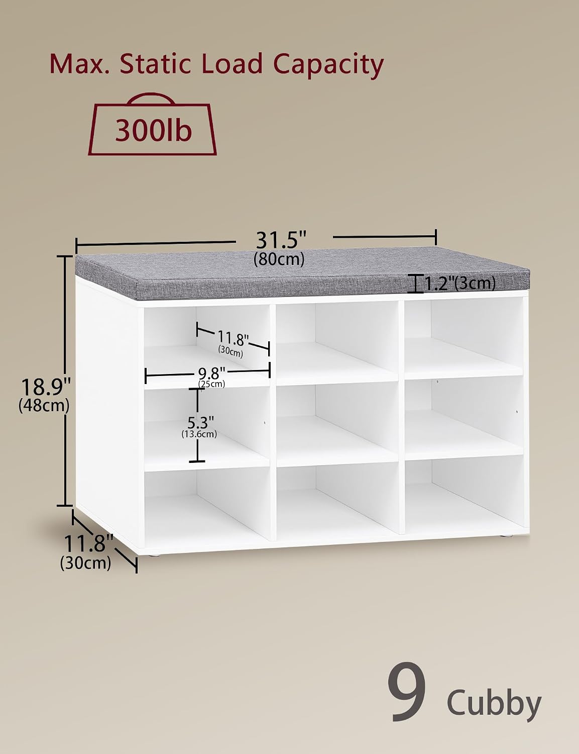 Cushioned 9-Cubby White Shoe Bench
