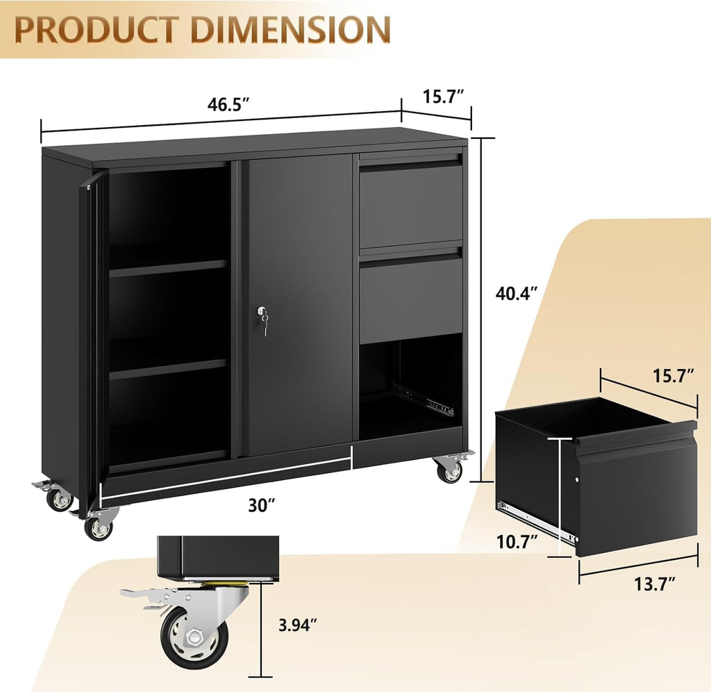 Rolling Metal 3-Drawer File Cabinet