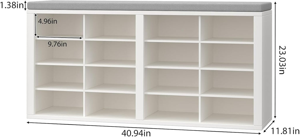 Cushioned 16-Cubby Shoe Bench