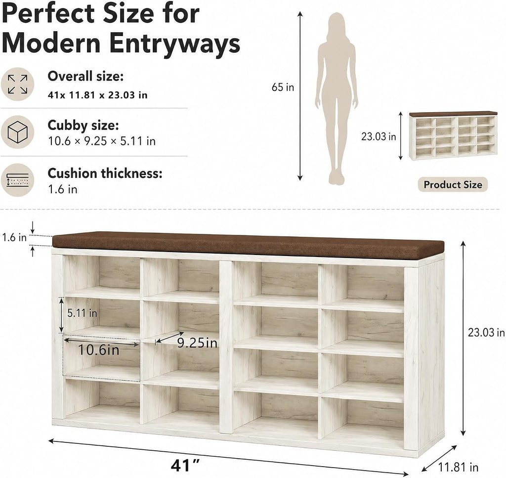 Cushioned 16-Cubby Shoe Bench