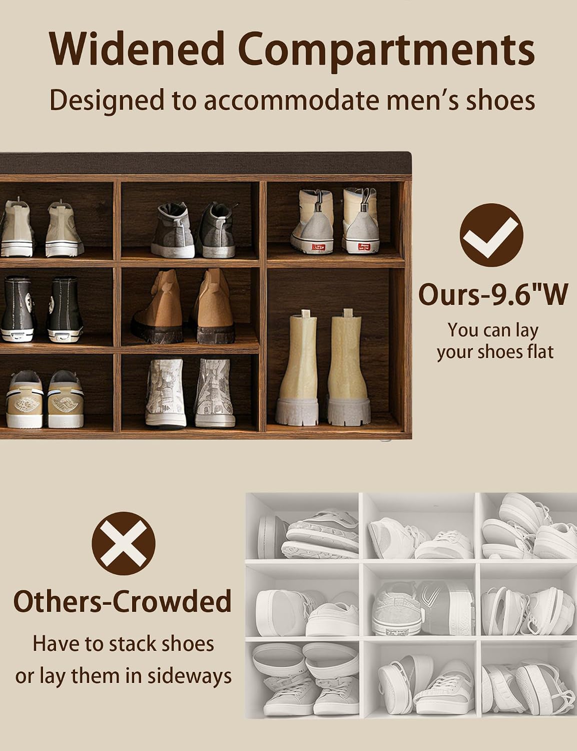 Cushioned 15-Cubby Shoe Bench