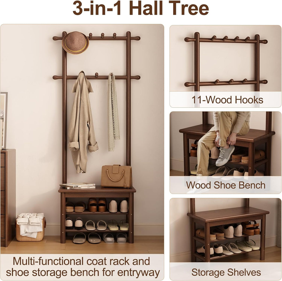 Wooden Entryway Hall Tree