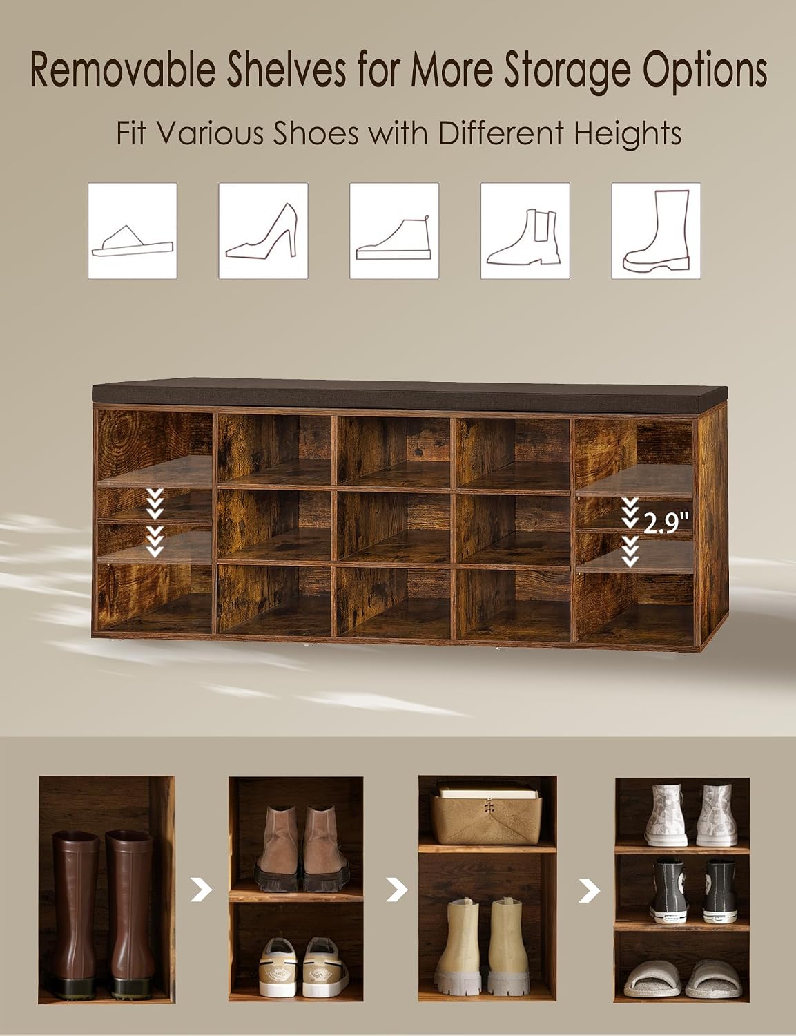Cushioned 15-Cubby Shoe Bench