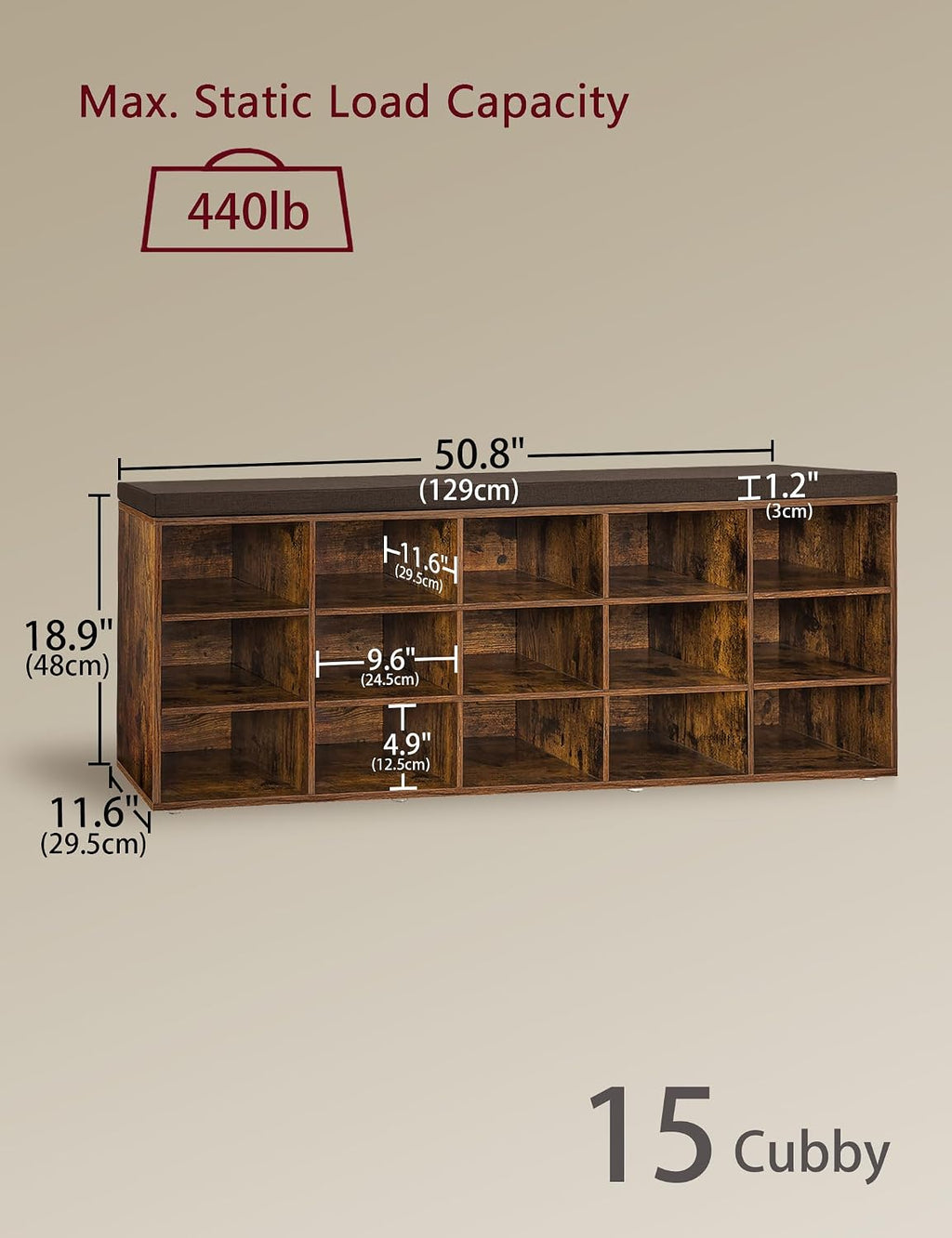 Cushioned 15-Cubby Shoe Bench