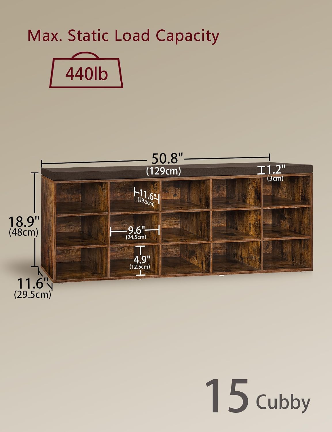 Cushioned 15-Cubby Shoe Bench