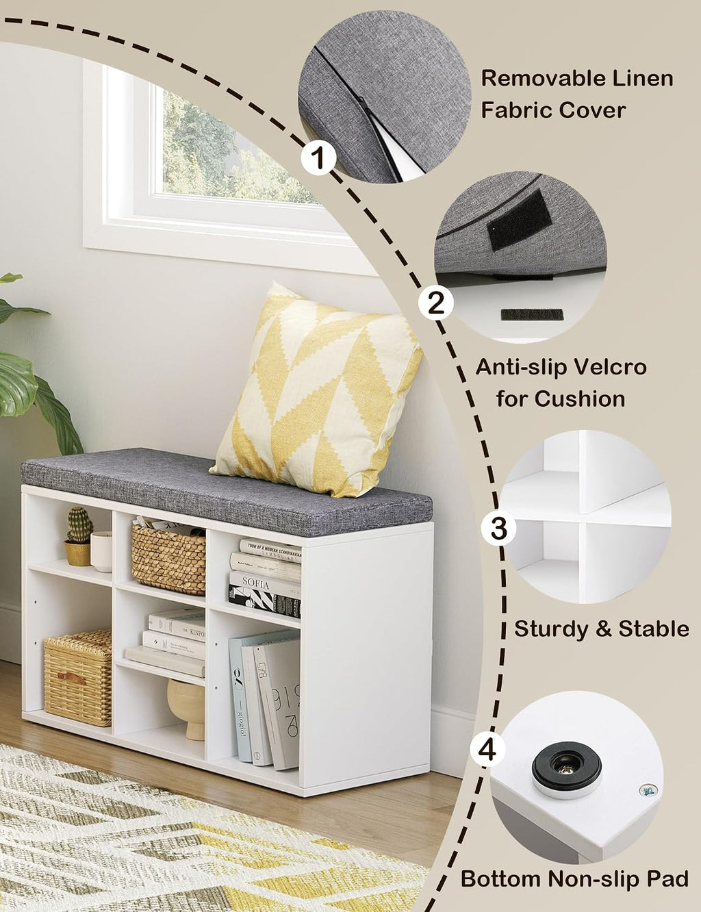 Cushioned 9-Cubby White Shoe Bench