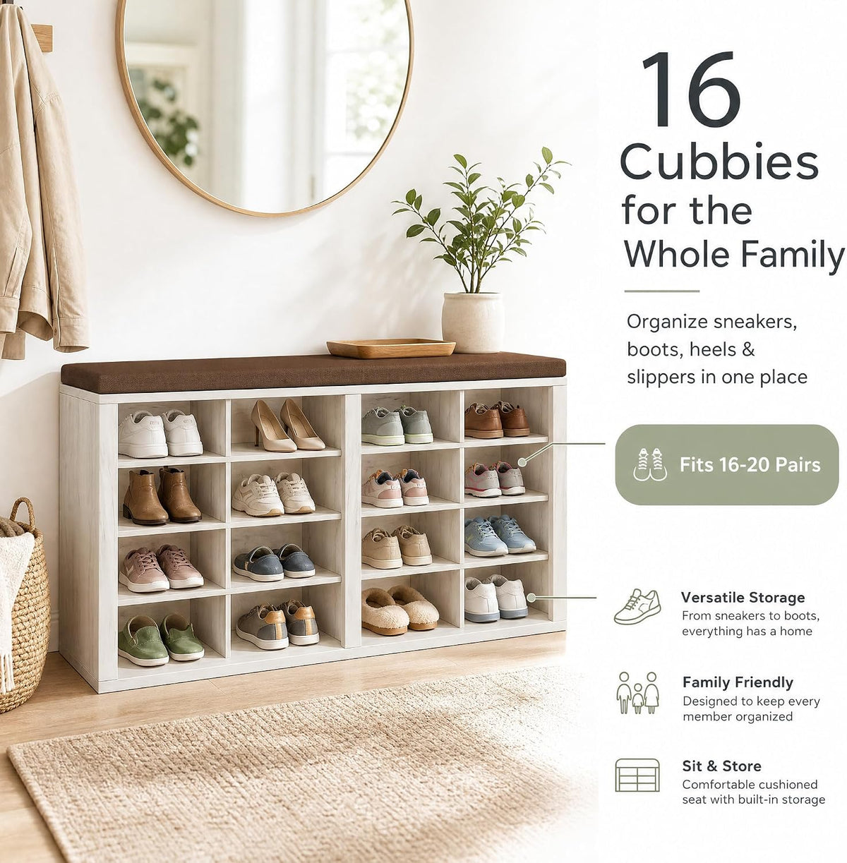 Cushioned 16-Cubby Shoe Bench