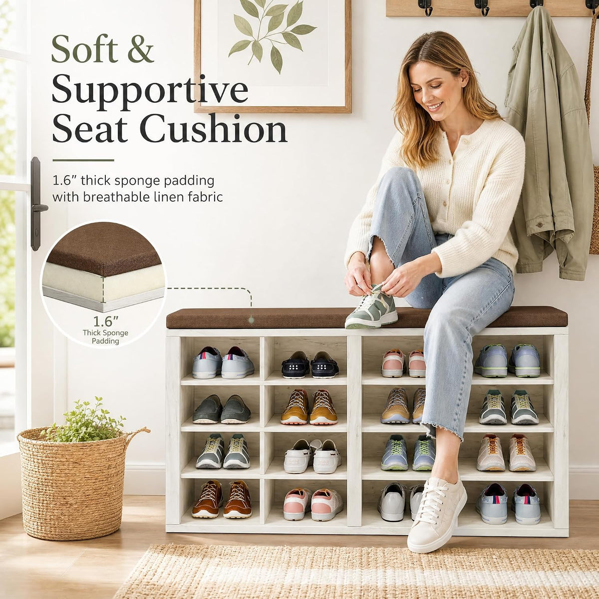 Cushioned 16-Cubby Shoe Bench