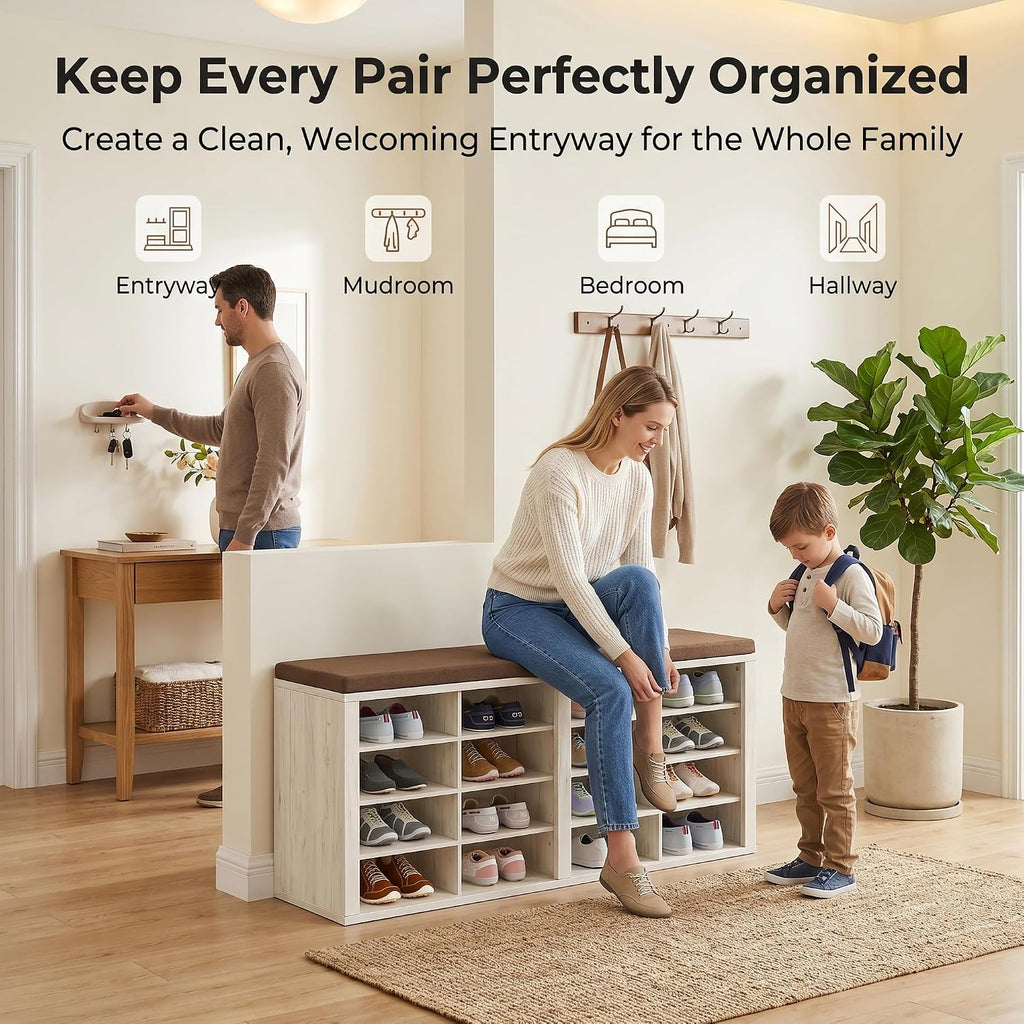 Cushioned 16-Cubby Shoe Bench