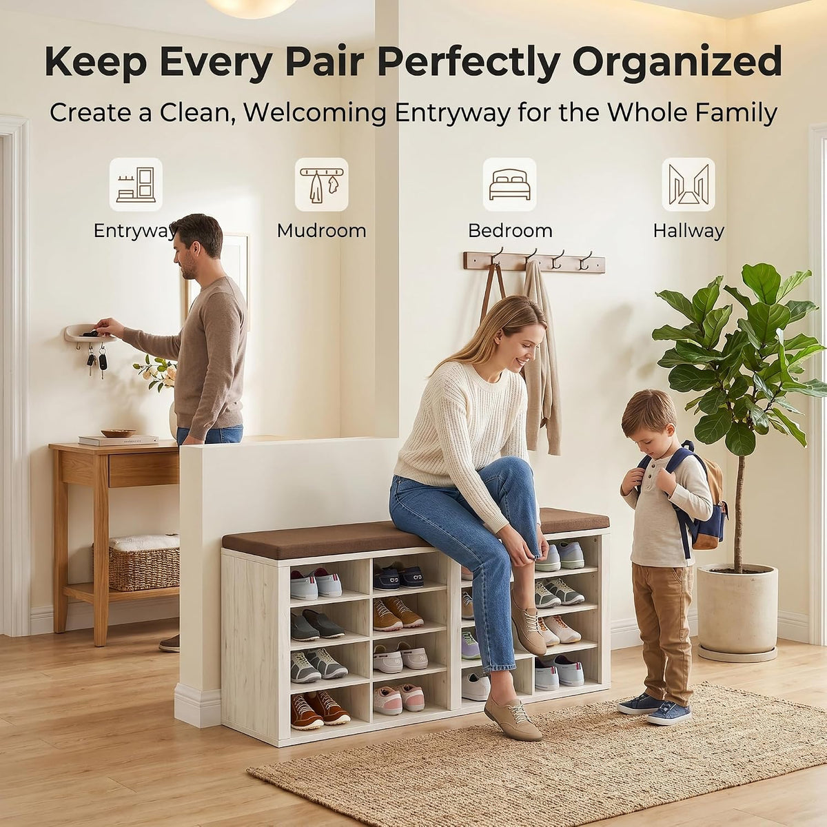 Cushioned 16-Cubby Shoe Bench