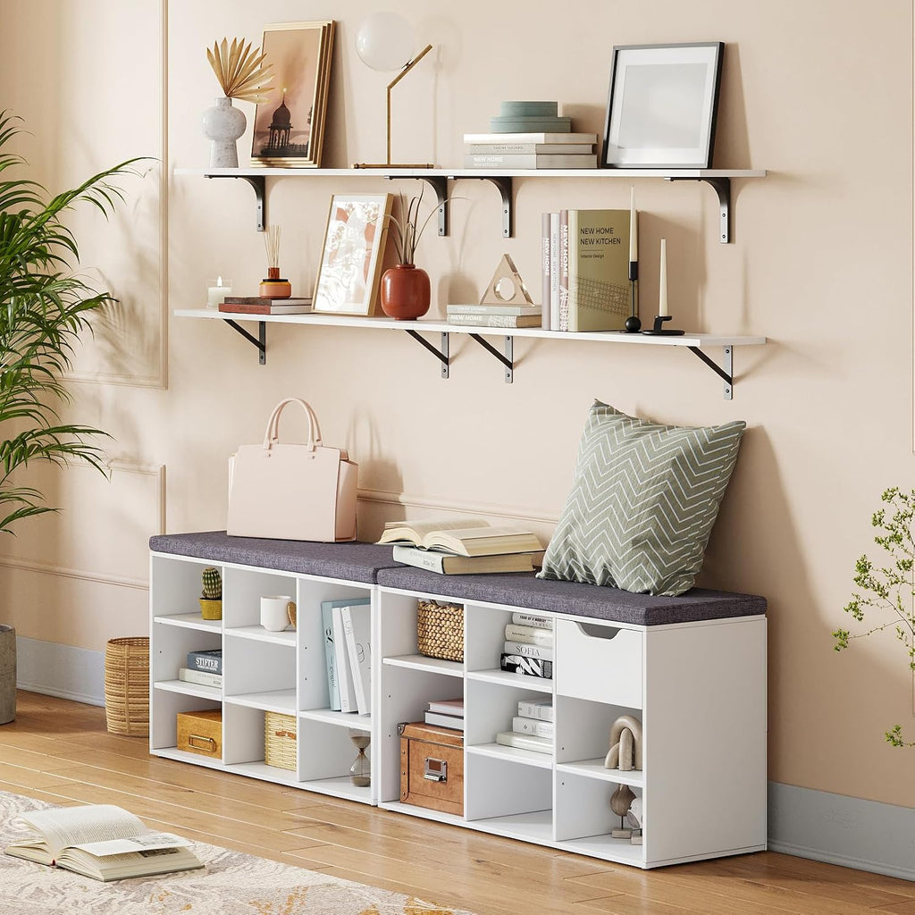 Cushioned 9-Cubby White Shoe Bench