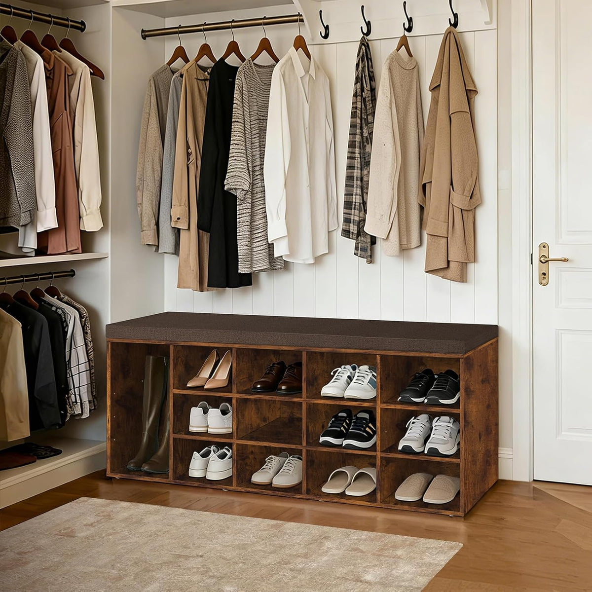 Cushioned 15-Cubby Shoe Bench