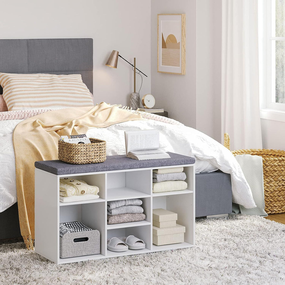 Cushioned 9-Cubby White Shoe Bench