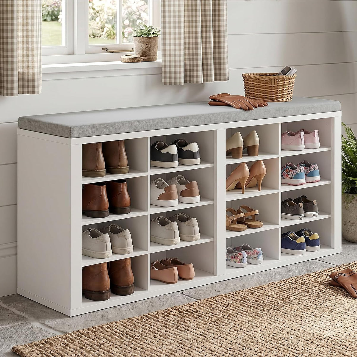 Cushioned 16-Cubby Shoe Bench