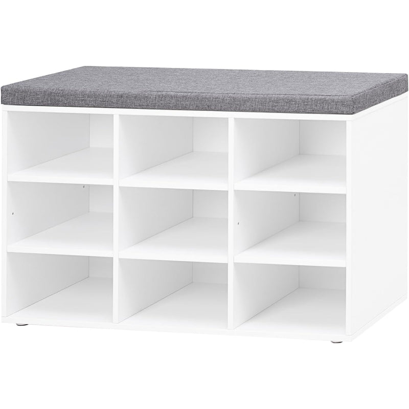 Cushioned 9-Cubby White Shoe Bench